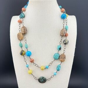 Multi Gemstone Sterling Silver Carved Beads‎ Layered Necklace